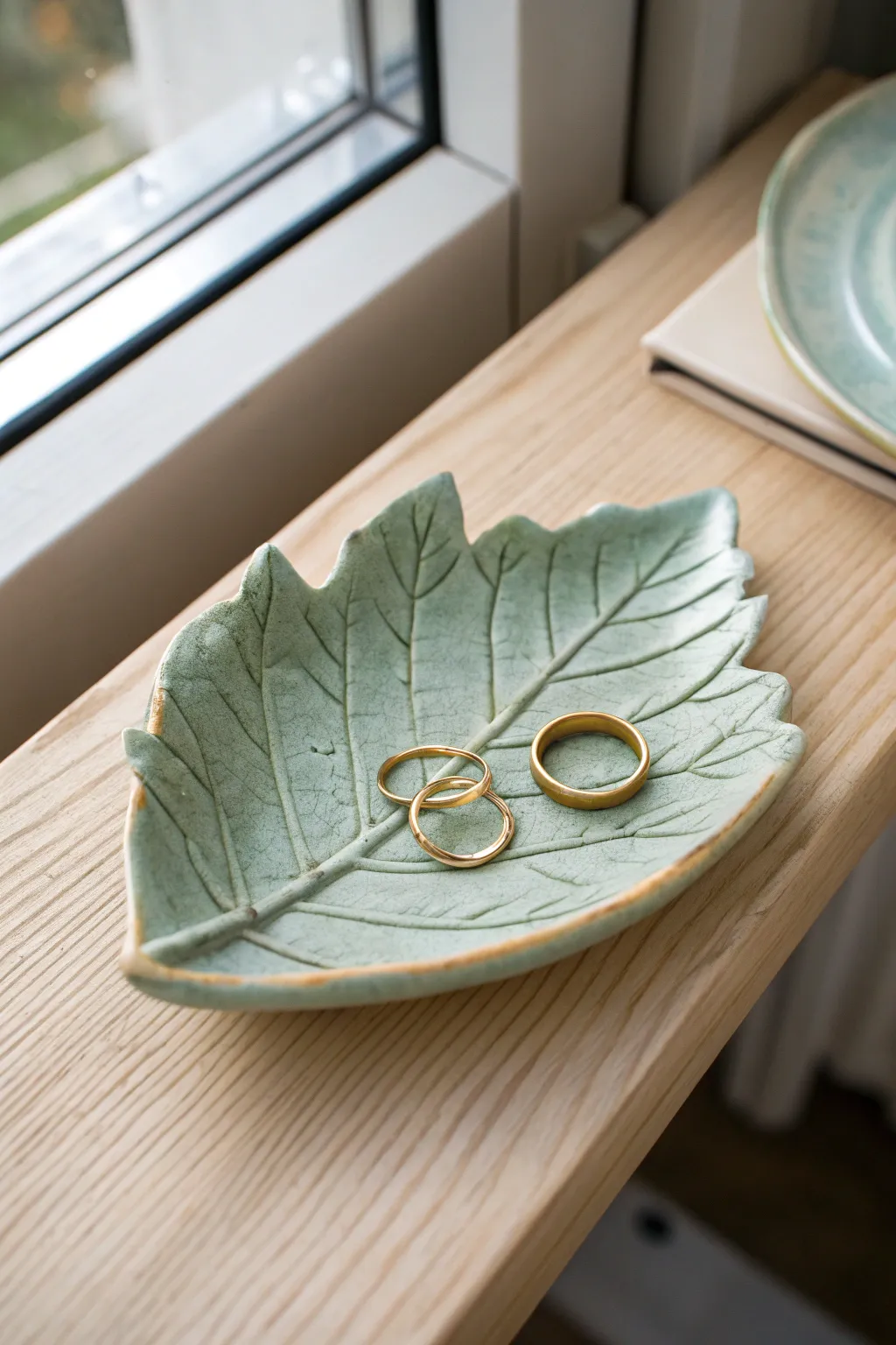 Pressed leaf mini tray in sage green, a sweet minimalist spot to keep rings and tiny treasures