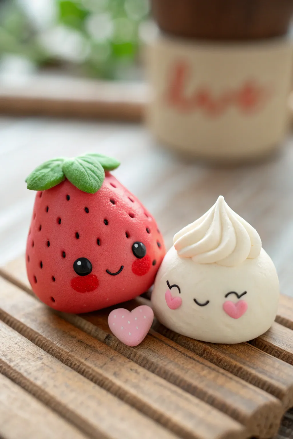 Strawberry and cream clay couple with blush cheeks and a tiny heart, sweet minimalist decor