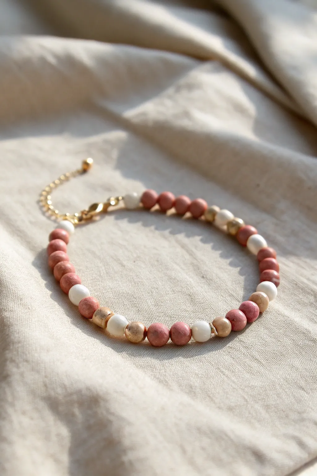 Blush, white and light red clay beads with tiny heart accents for a sweet minimalist bracelet.