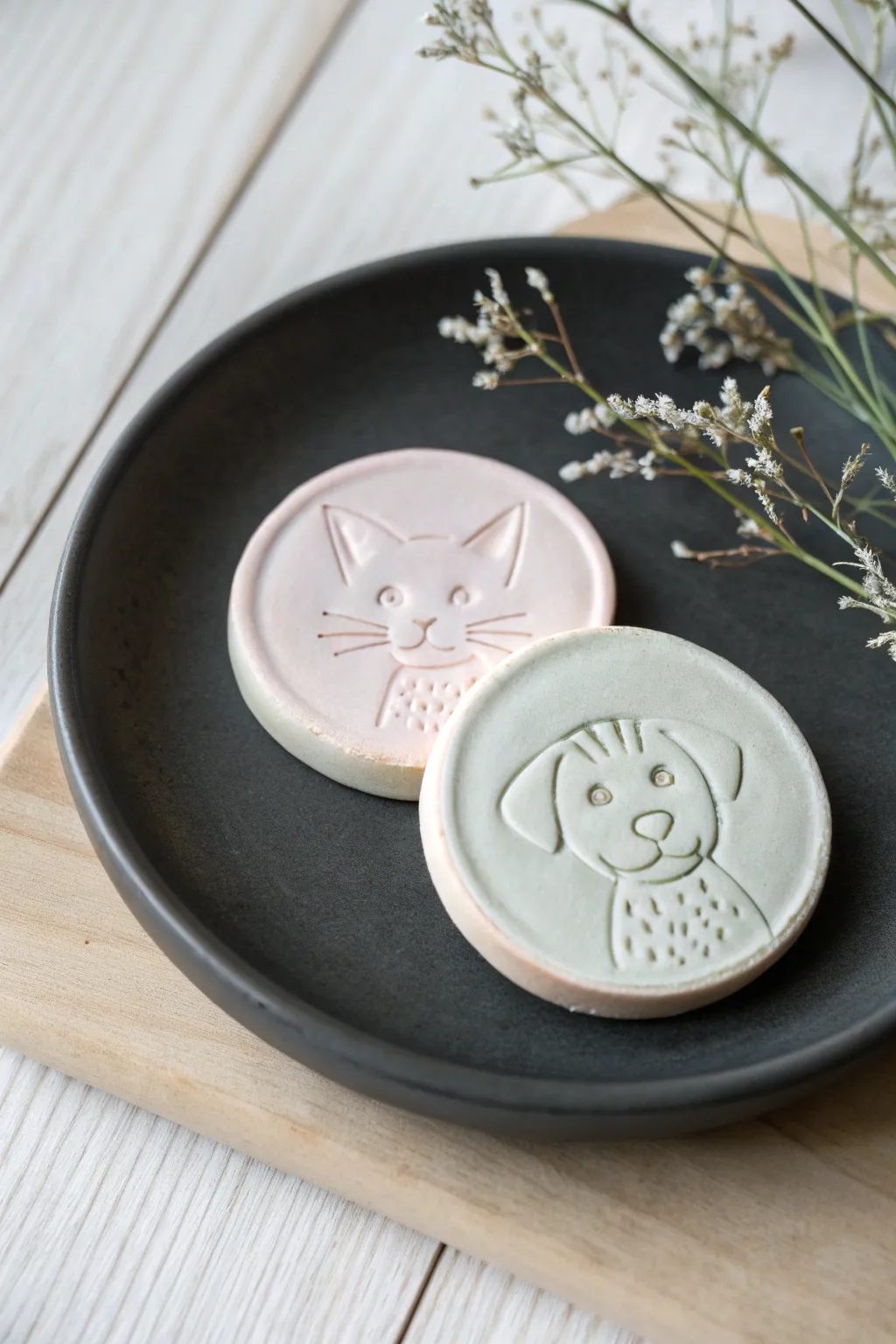 Sweet little pet portrait coins for a cozy clay date, minimal lines and pastel charm.