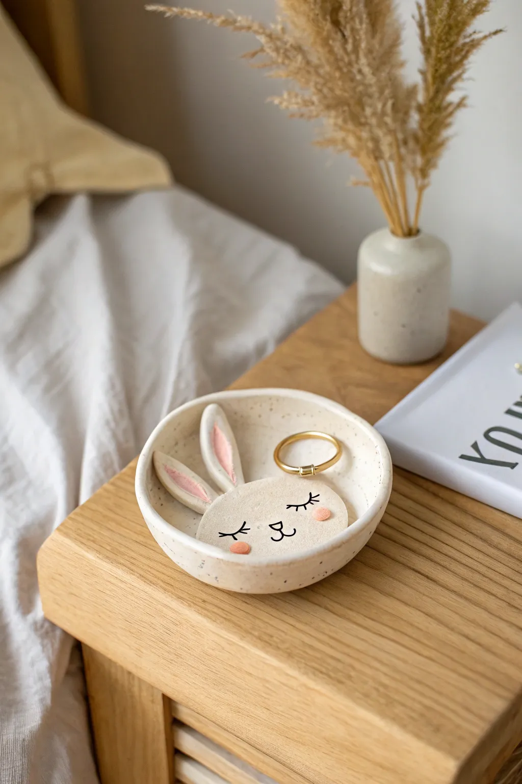 Sweet kawaii bunny ring dish, minimalist clay charm to keep your jewelry cozy by the bed.