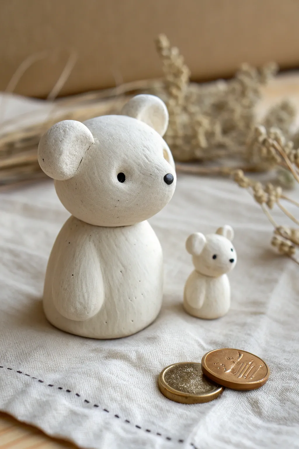 Mini round bear pocket figures with dot eyes, styled minimal and boho, shown beside a tiny token.