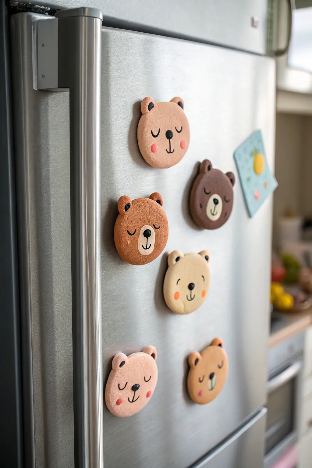 Sweet bear face clay magnets in soft pastels, minimalist and boho, perfect fridge decor