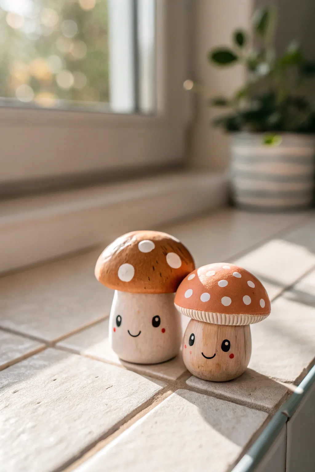 Mini mushroom buddies: two tiny clay friends on a ceramic tile, cute and beginner friendly.