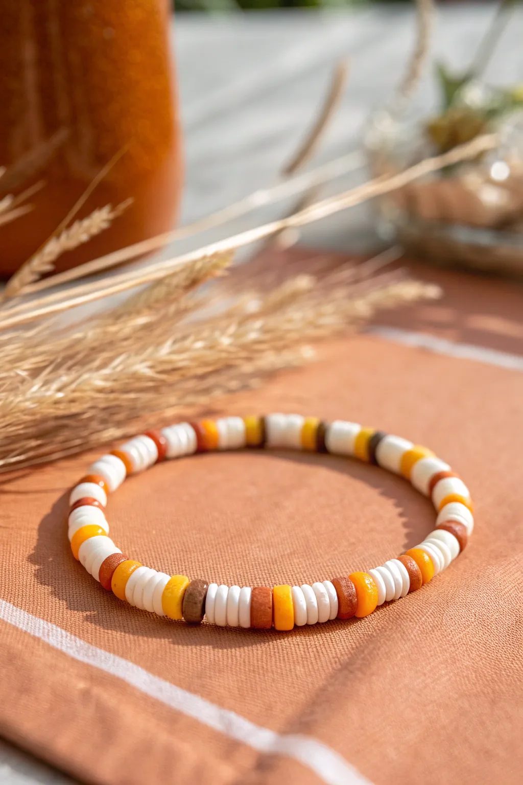 Candy corn stripes in clay heishi beads bring a cozy fall pop to your minimalist stack.