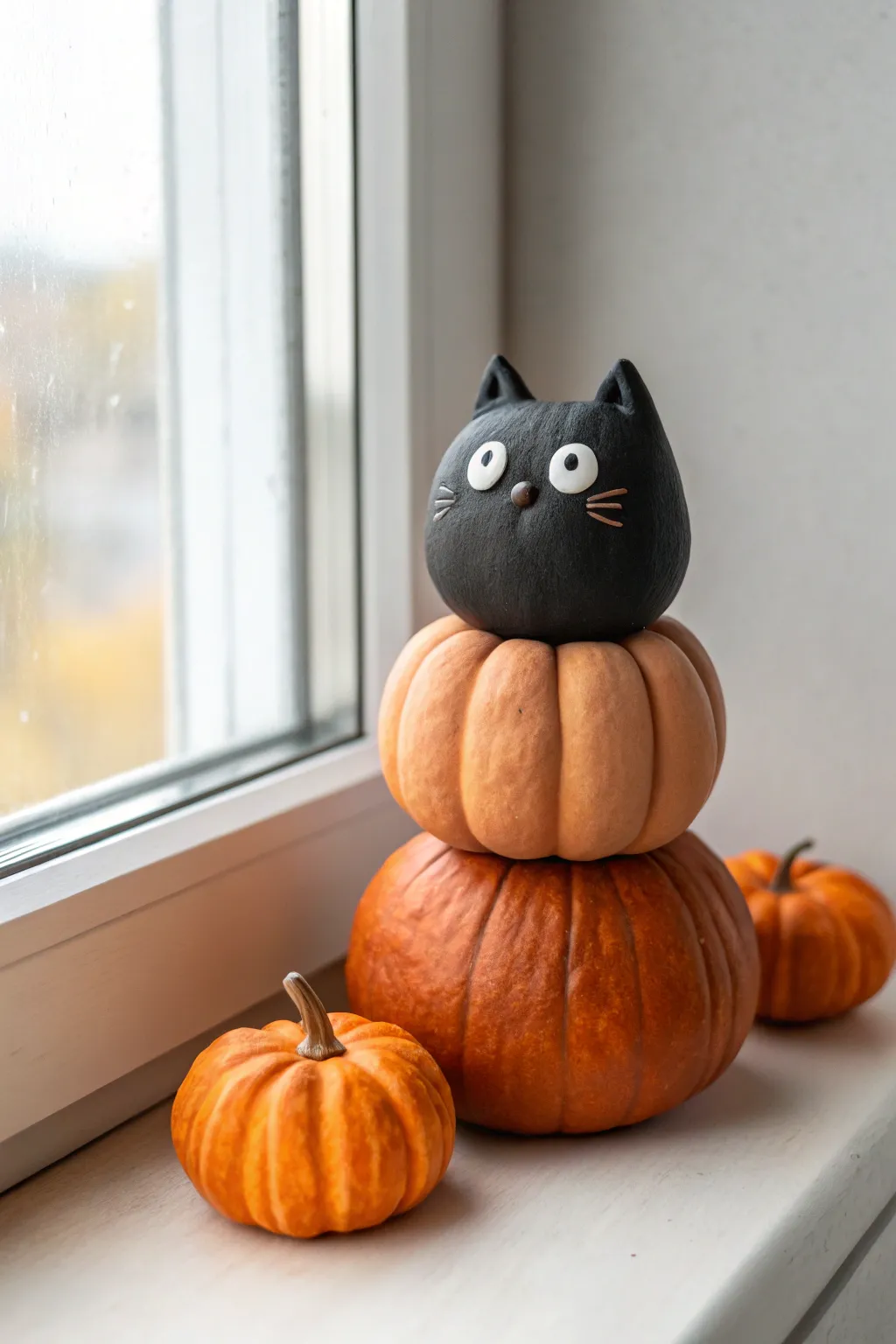 Chunky black cat on a pumpkin stack, the cutest beginner friendly fall clay decor idea