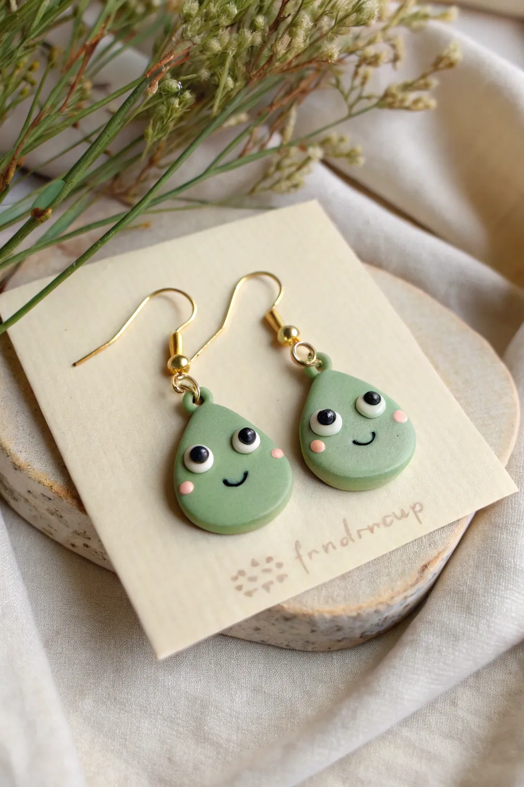Minimalist frog earrings in soft green clay, tiny faces and big eyes, perfectly paired.