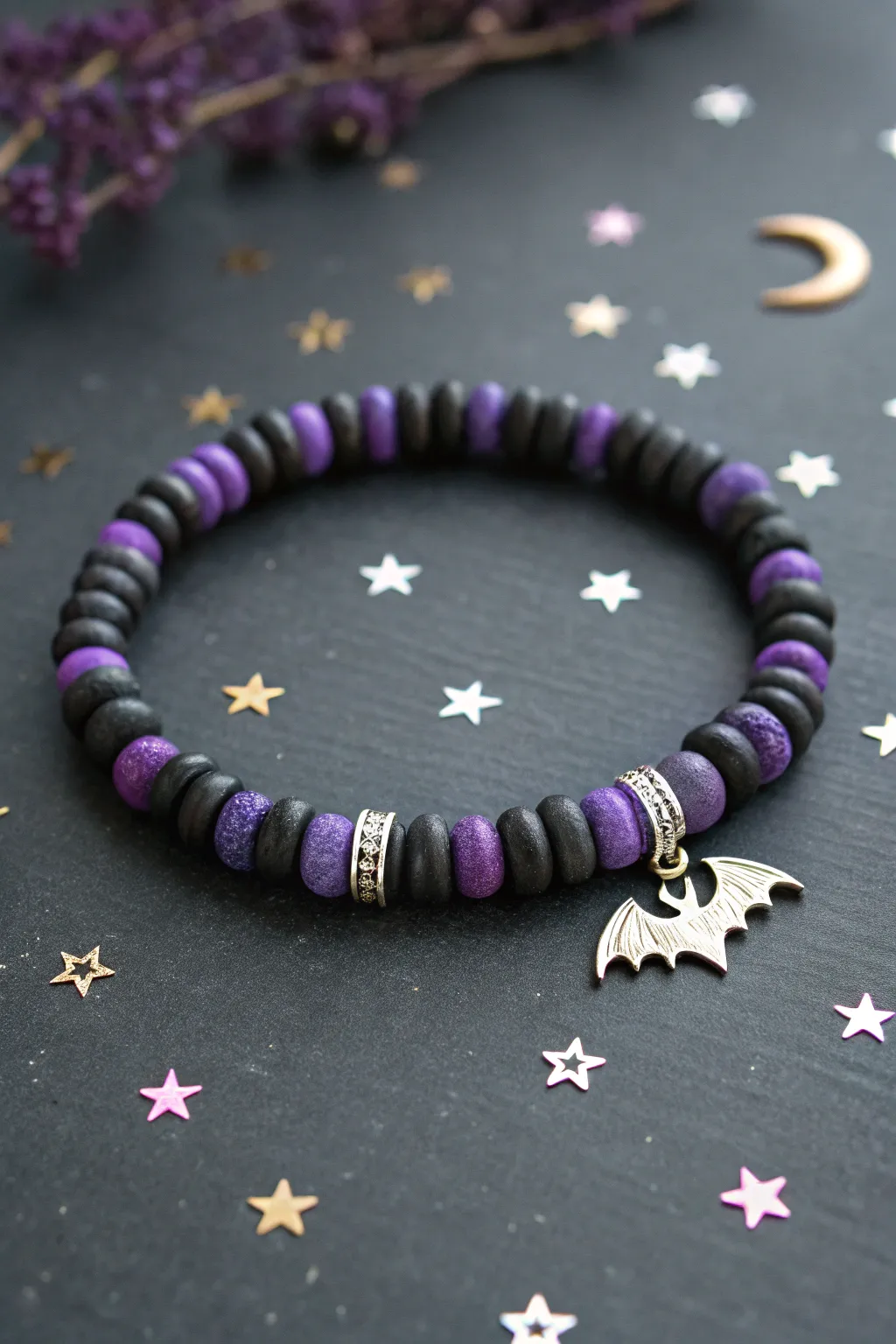 Moody bat and moon heishi bracelet in black and purple for a minimalist Halloween vibe