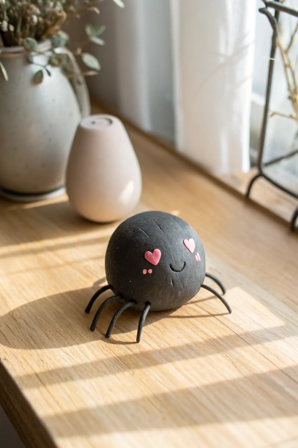 Sweet little clay spider with a tiny heart detail, styled in cozy Scandinavian Halloween decor.