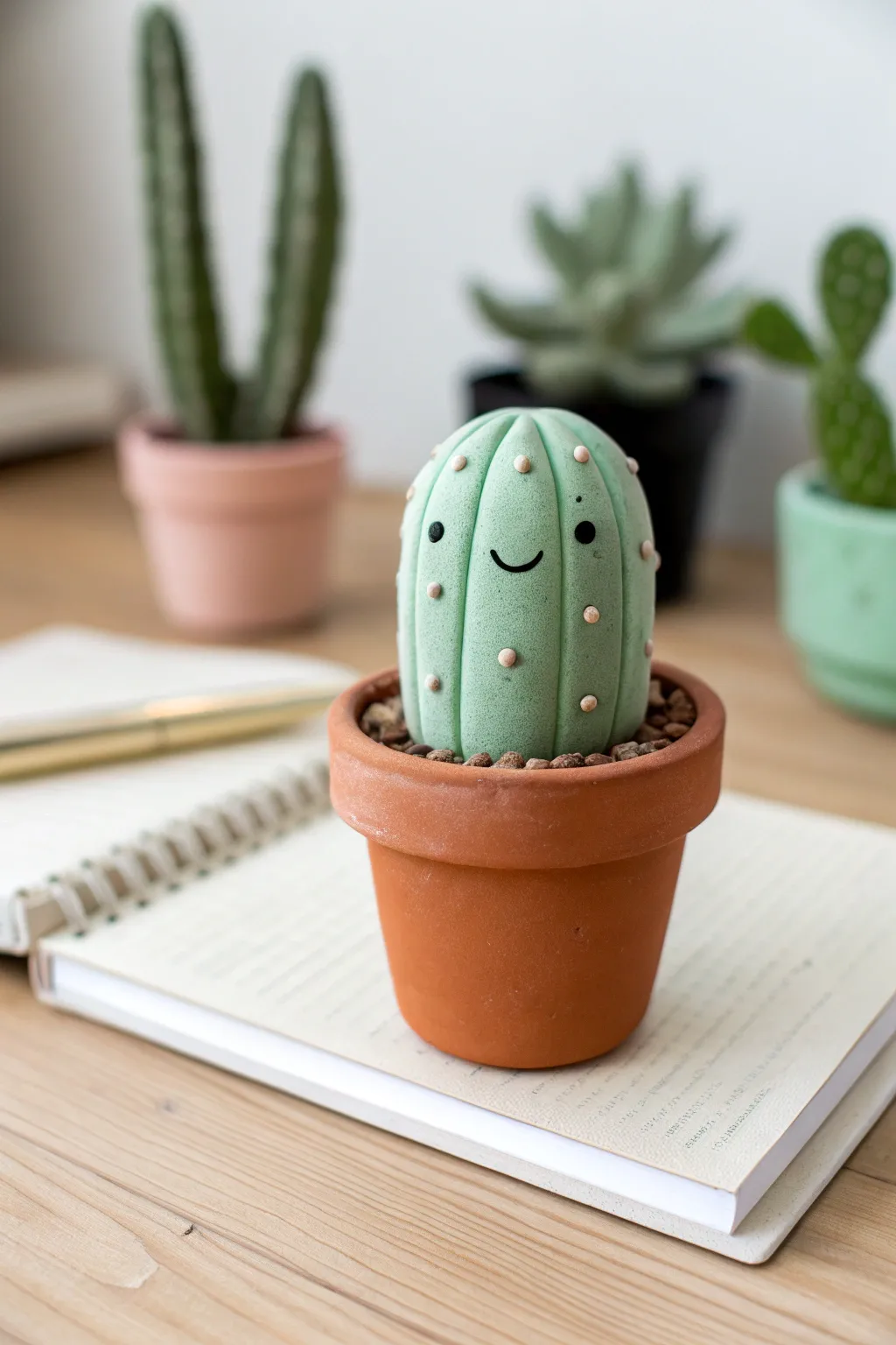 A cheerful mini cactus desk buddy in a tiny pot, perfect minimalist clay decor for your workspace.