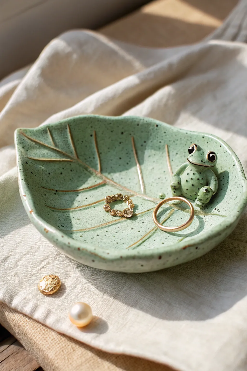Cute frog trinket tray on a leaf dish, the sweetest place for rings and tiny treasures.