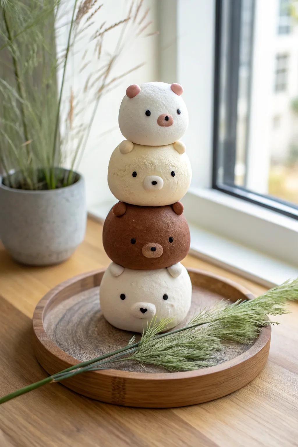 Marshmallow kawaii bear blob stack in soft pastels, minimal Scandinavian styling, handmade charm