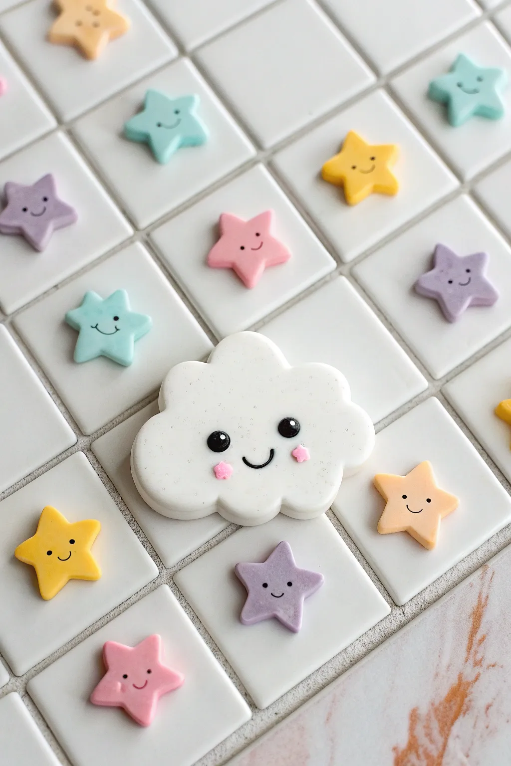Sweet smiley cloud and star clay magnets in cheerful pastels, minimalist and handmade.