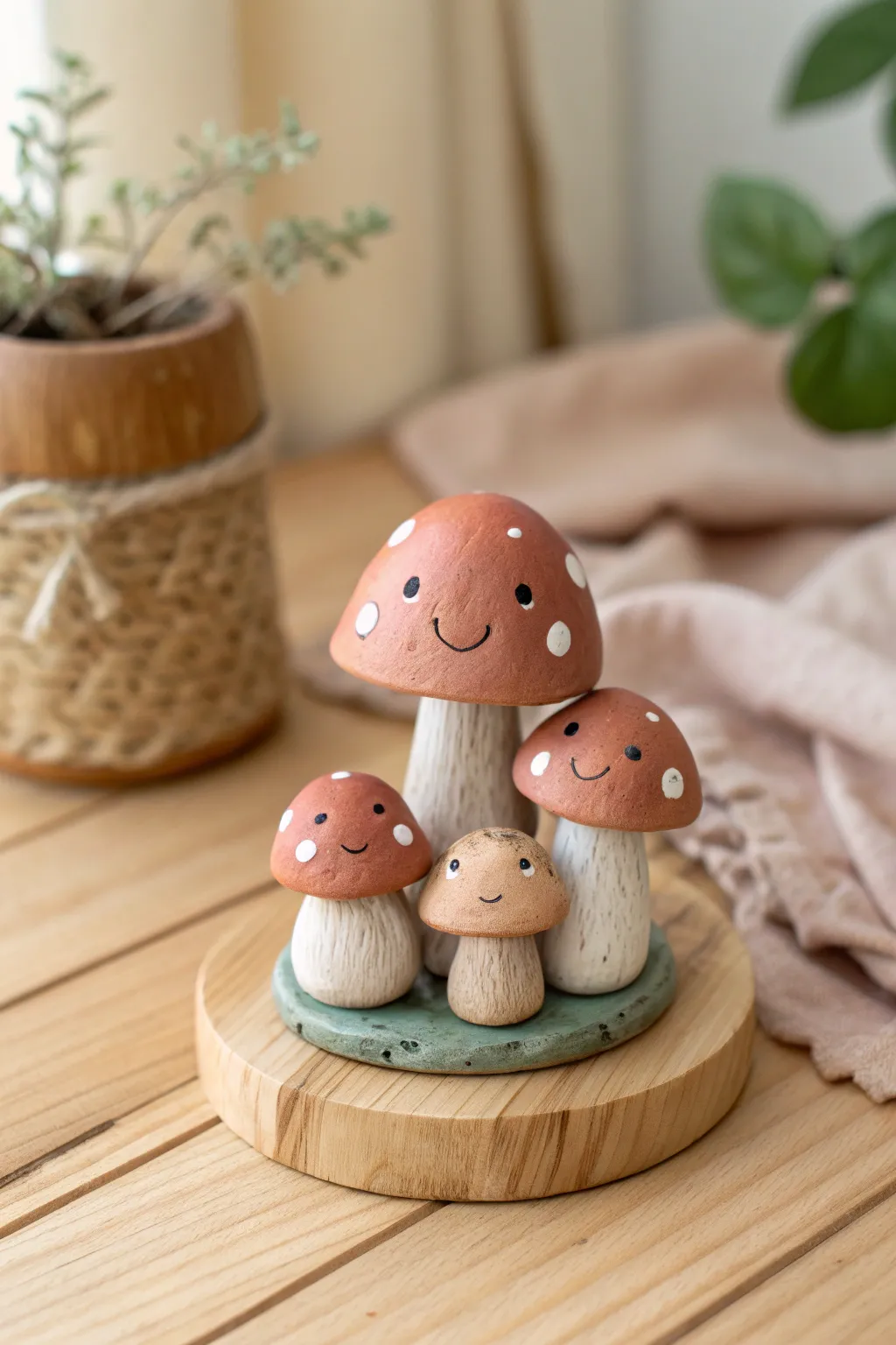 Sweet mini clay mushroom sprouts with happy faces in cozy tones, minimalist Nordic boho style.