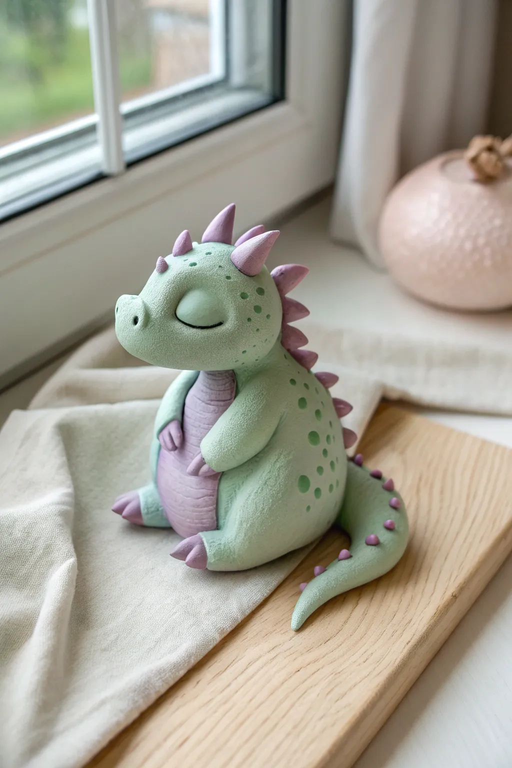 Sleepy mini Model Magic dragon in soft pastel tones, simple spikes and dots, cozy and cute.