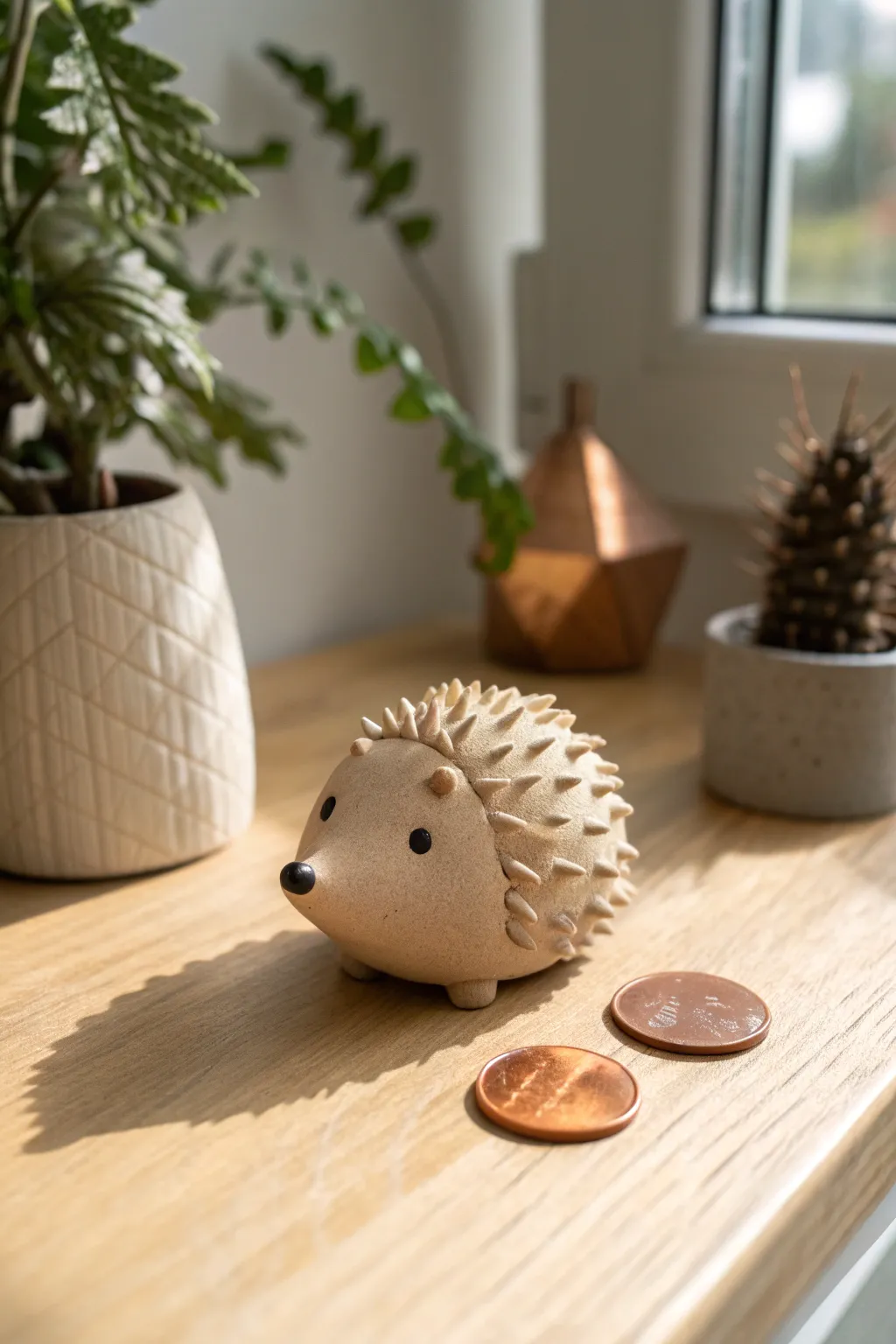 Tiny textured clay hedgehog beside a coin for scale, minimalist and cozy in warm natural light.