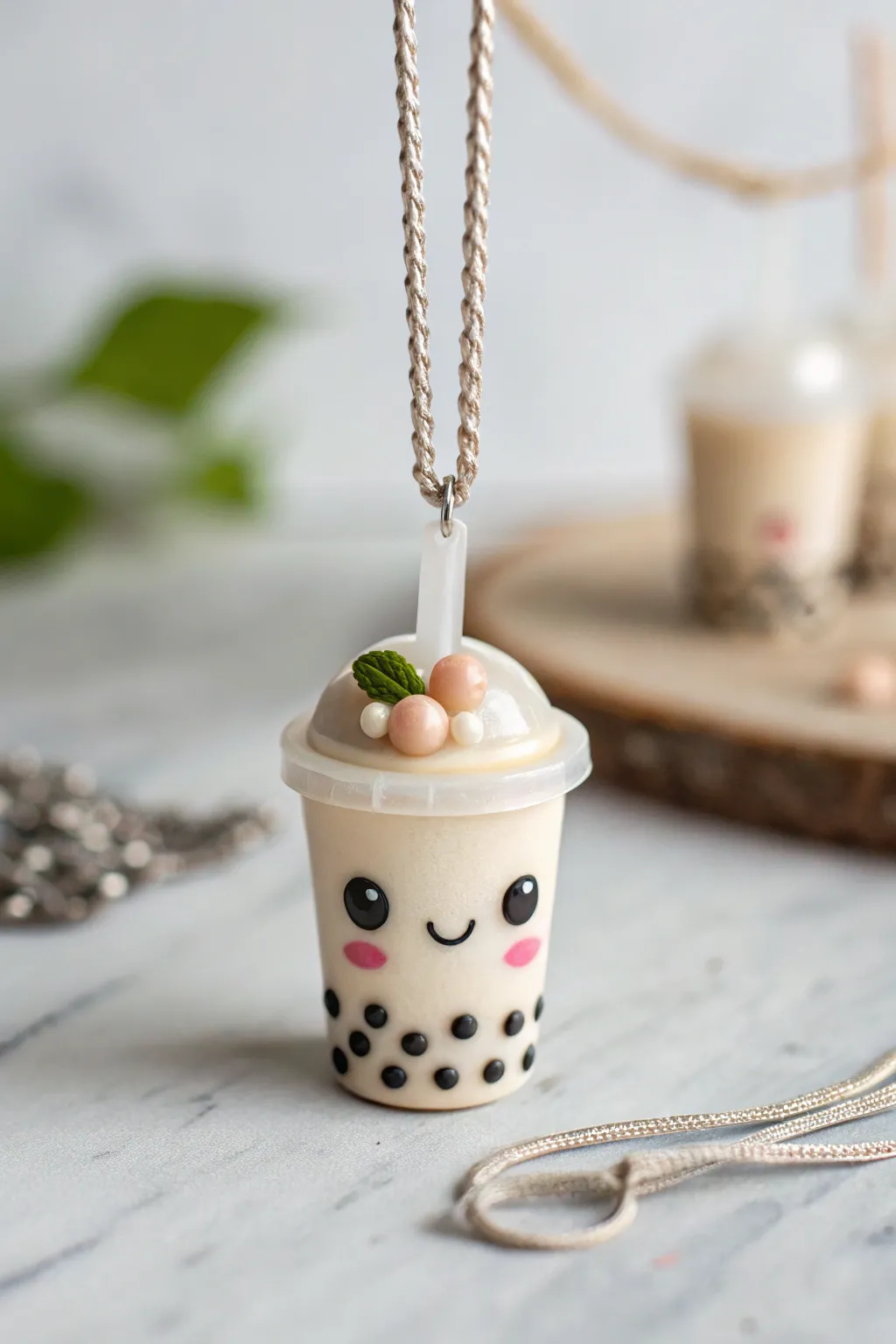 Sweet bubble tea cup pendant in oven-bake clay with tiny boba beads and straw charm.