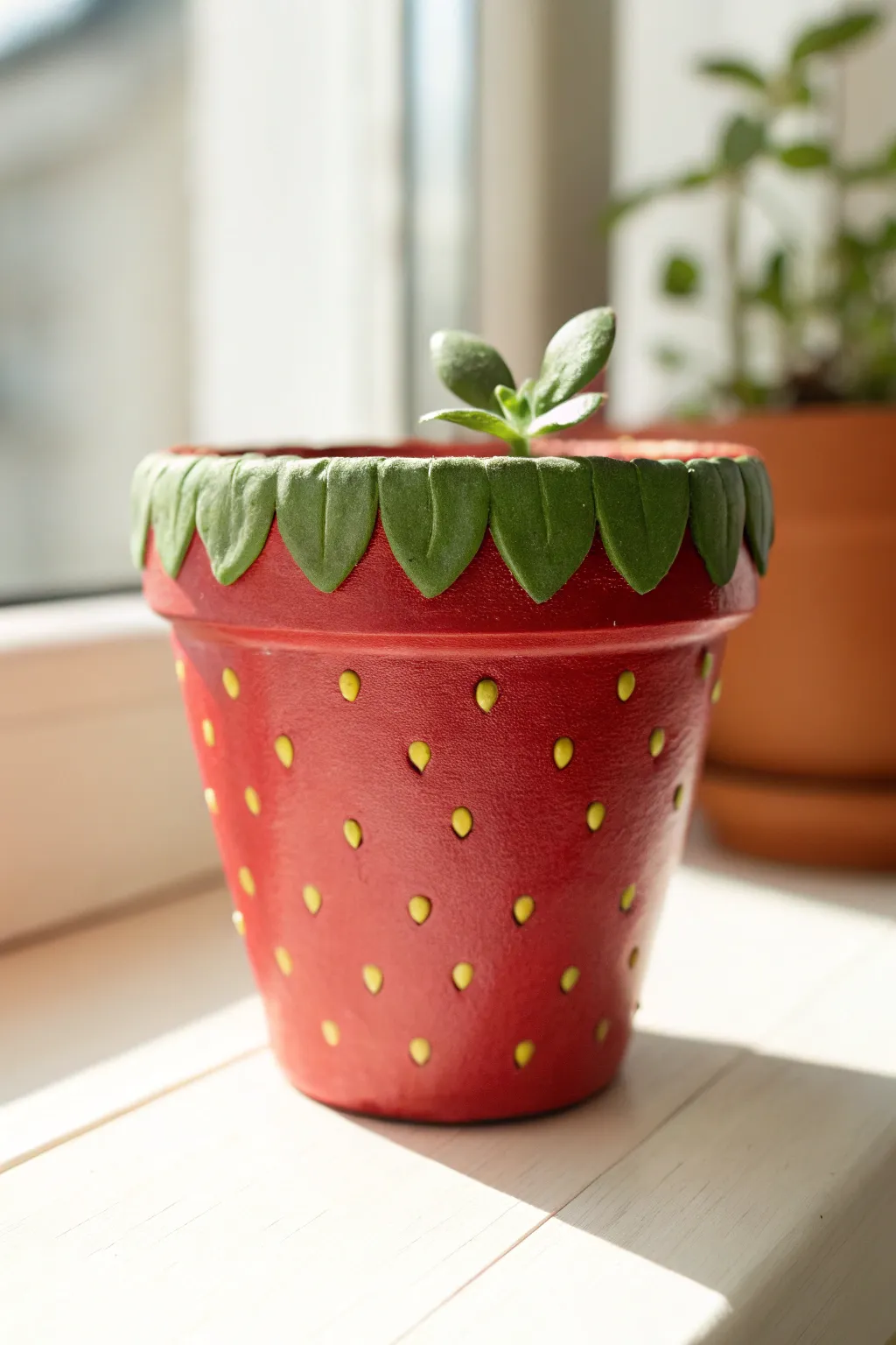 Strawberry-seeded painted pot with leafy green rim for a fresh, minimal, sweet boho vibe.