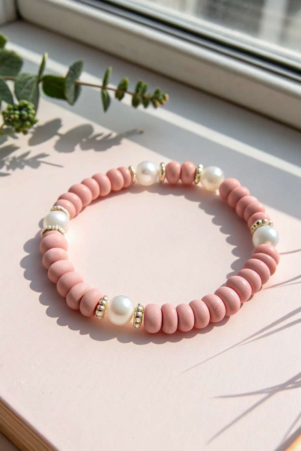 Soft pink clay discs meet pearl-like accents for a sweet, minimalist bracelet look.