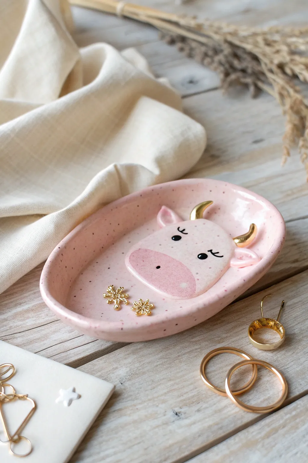 Sweet pink cow face trinket tray that keeps earrings and clips tidy on a minimalist vanity