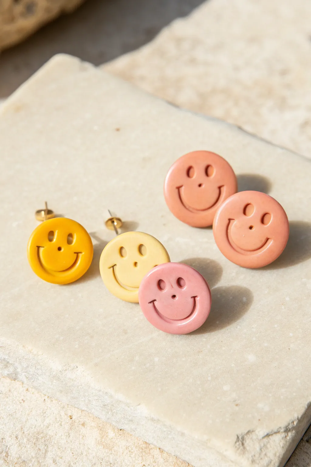 Two cheerful smiley coin studs in soft yellow and coral, minimalist, handmade, and bright.