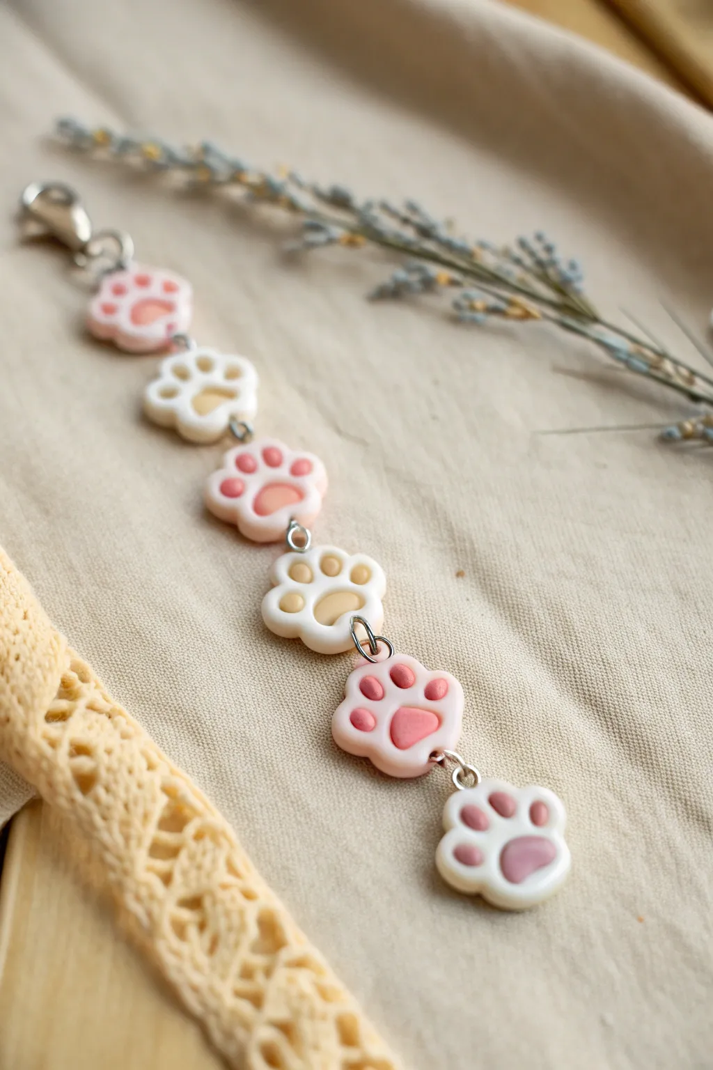 Pastel cat paw and toe-bean charms in a clean, cozy row—minimal, cute, and handmade-ready.
