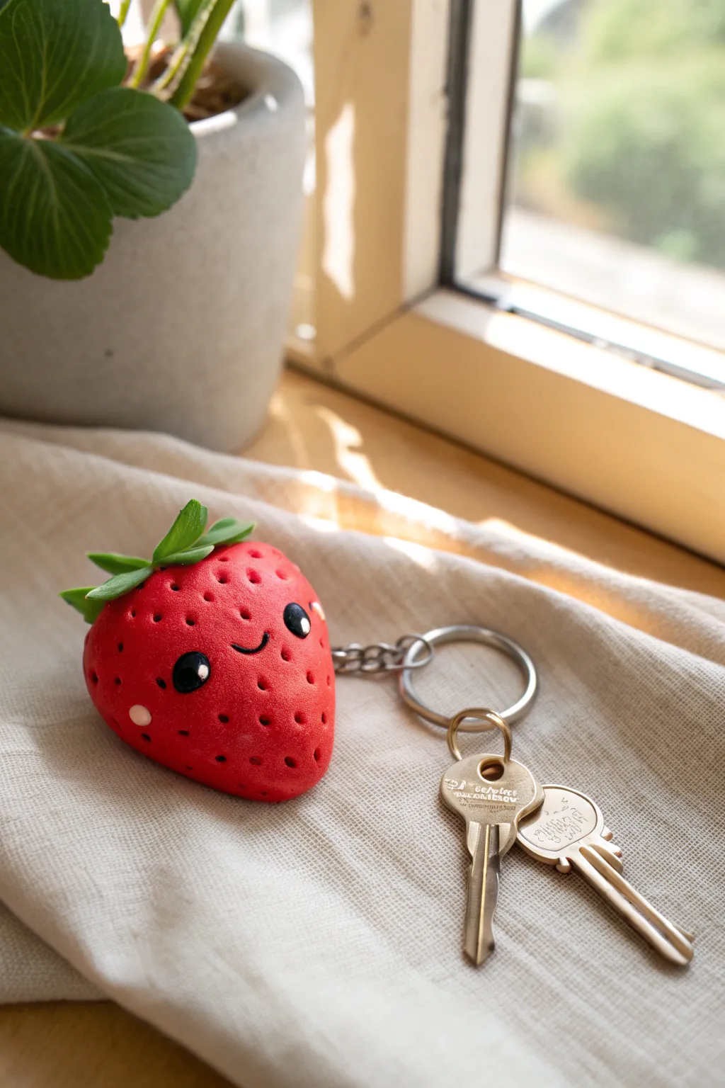 Sweet strawberry polymer clay keychain with a cute face, styled with keys in minimal Scandi light