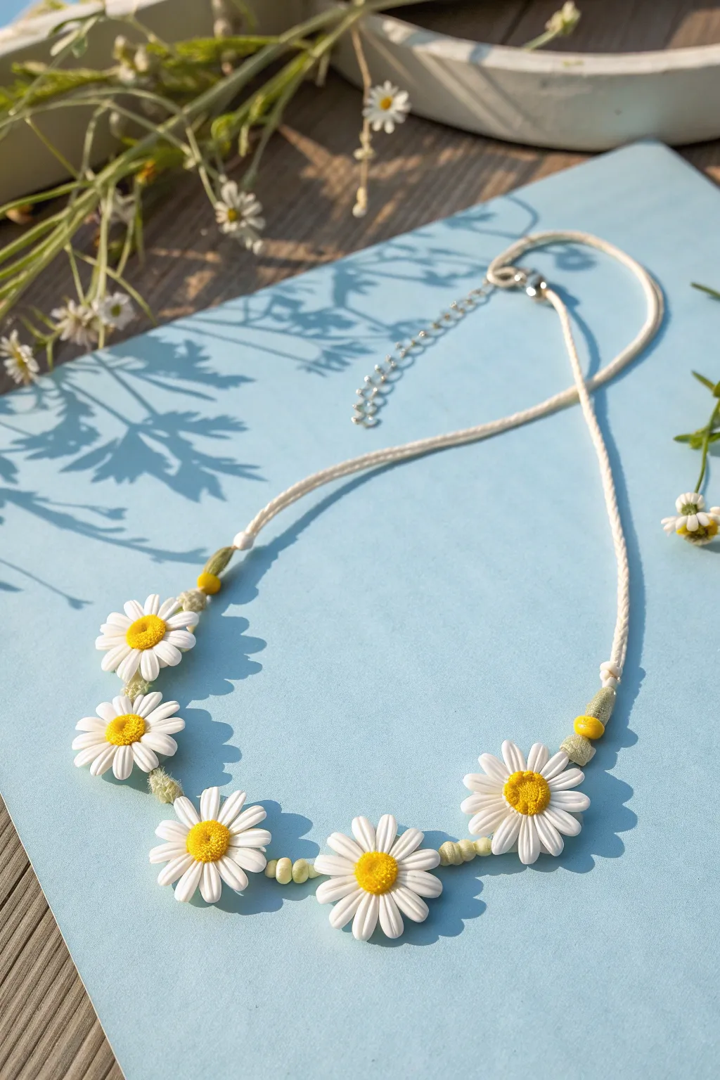 Sweet daisy polymer clay bead necklace on sky-blue paper, minimalist Scandinavian with boho warmth.