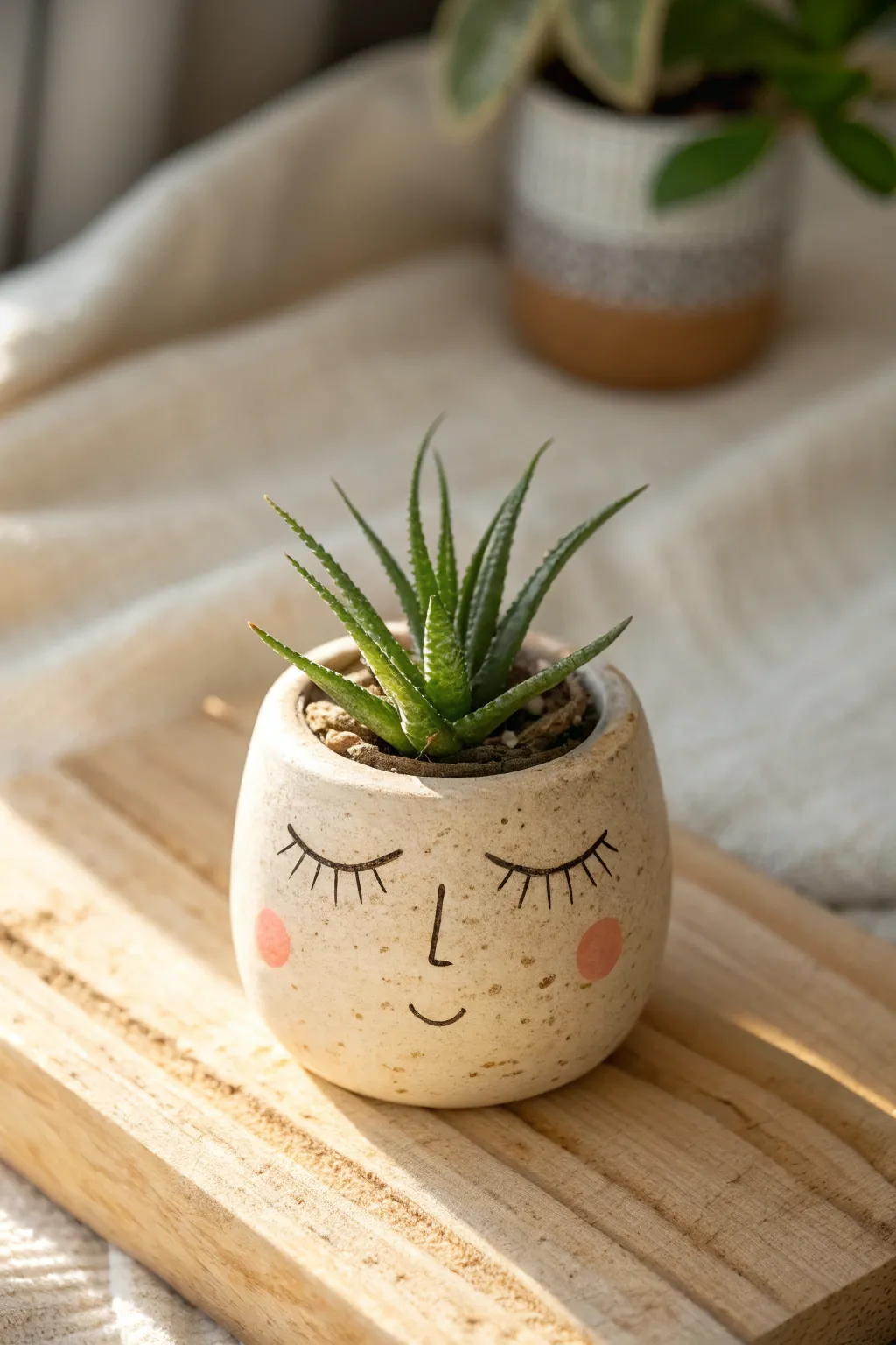 Mini sleepy-face air plant pot in soft blush and clay tones, simple Scandinavian boho charm.
