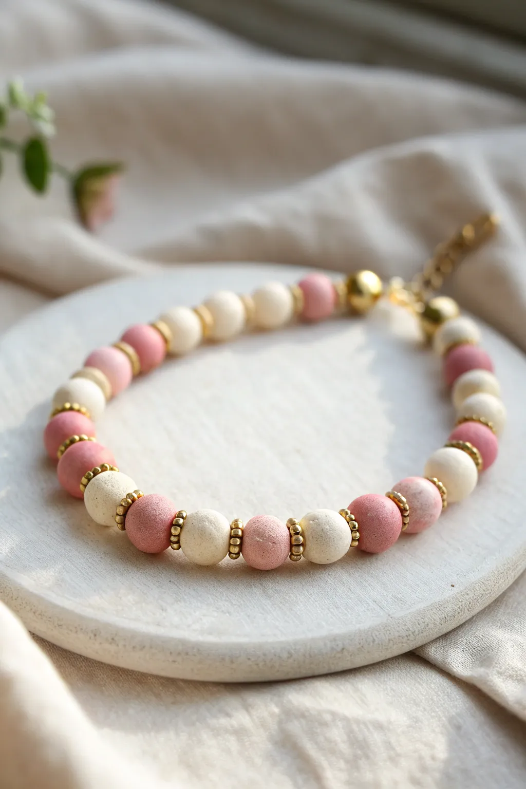 Blush and ivory clay beads with sprinkled gold spacers for a sweet minimalist Valentine look