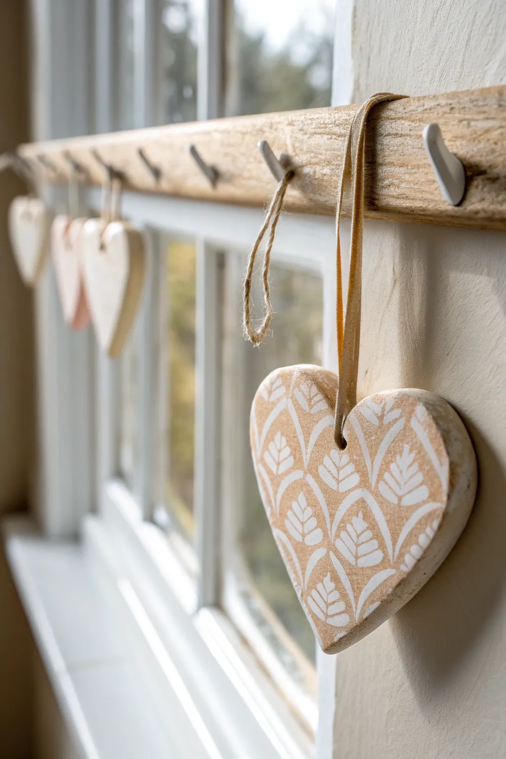 Soft stenciled clay hearts with linen ribbons, hanging simply on a warm wooden peg rail.