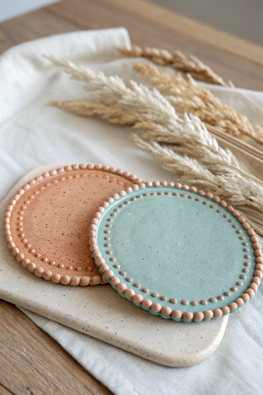 Sweet date-night craft: two minimalist bead-edge clay coasters in warm and cool tones.