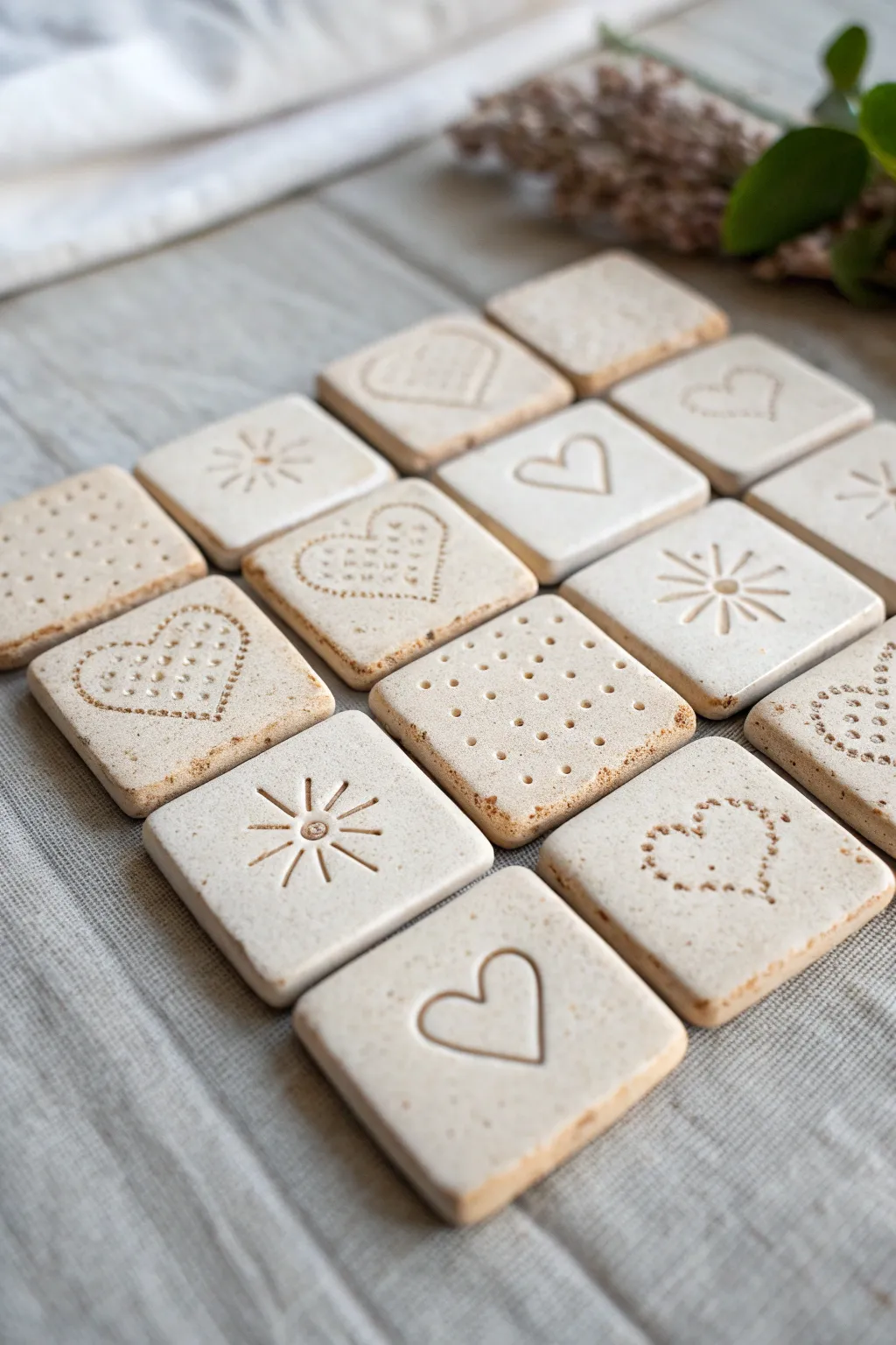 Minimal stamped clay love note tiles, a sweet handmade keepsake for a cozy date night craft.