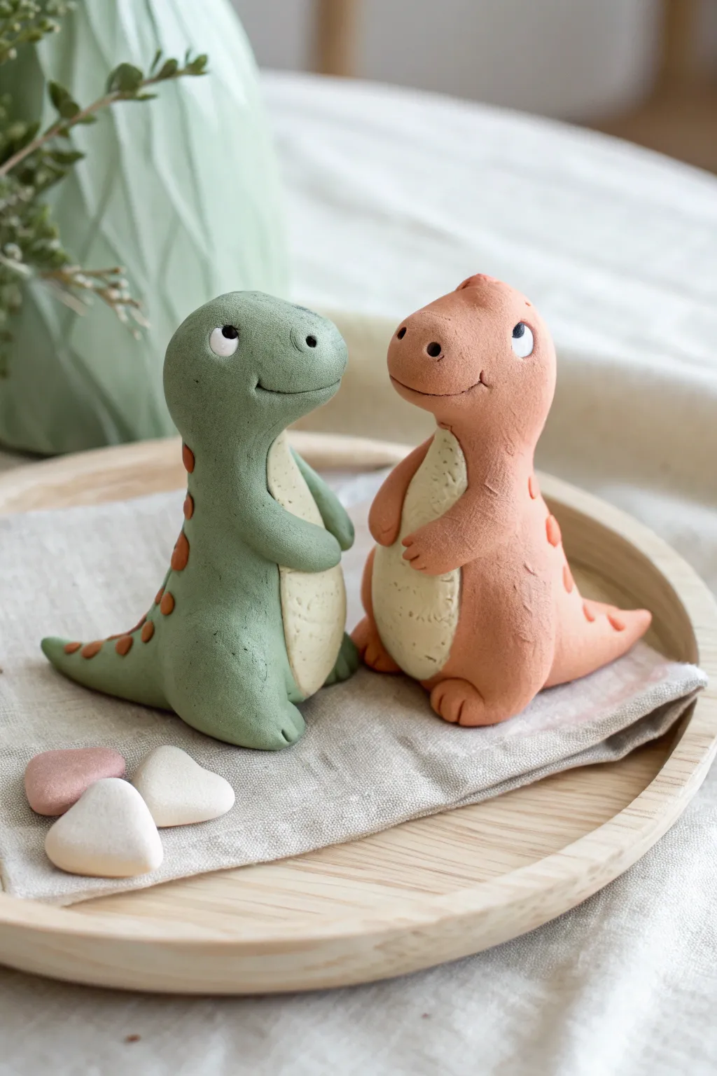 Cozy two-piece dino couple with matching belly patches in soft minimalist boho tones