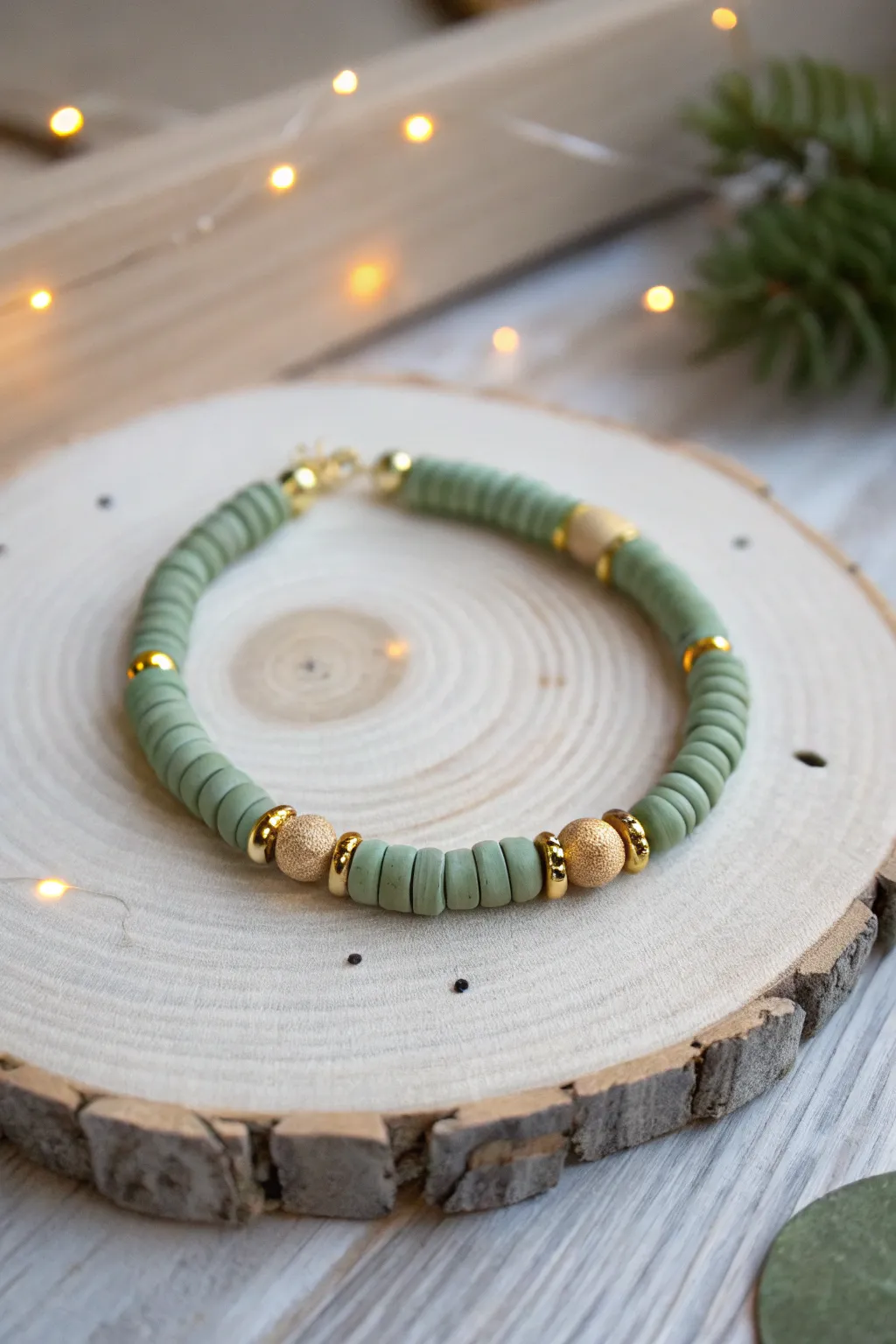 Bayou green heishi bracelet with firefly yellow beads and gold spacers, softly glowing at dusk.