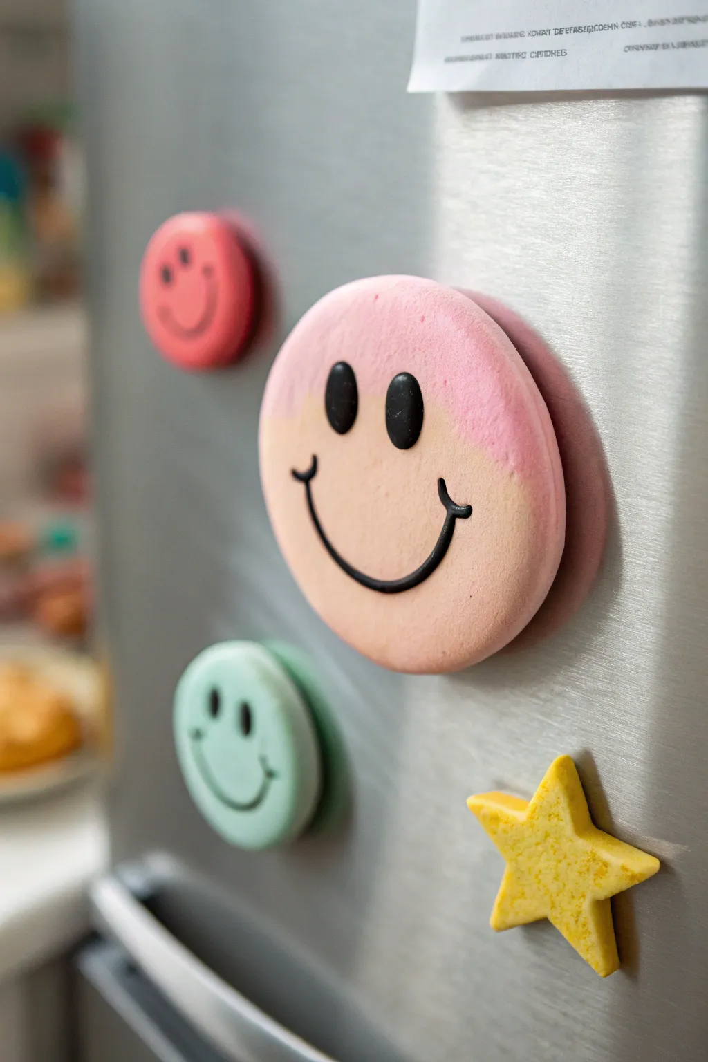 Beginner air-dry clay fridge magnets in pastel shapes, styled on a minimal steel surface.