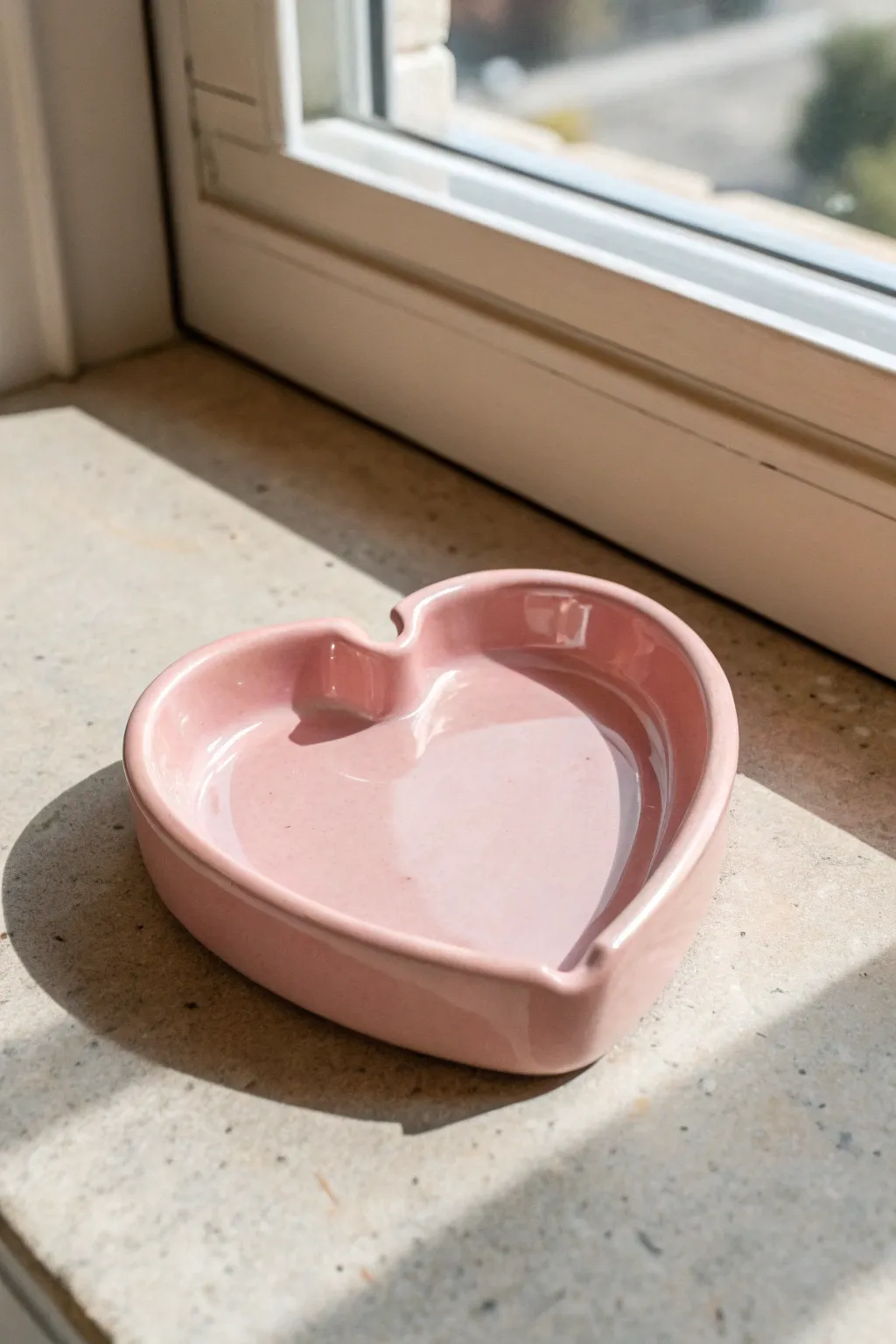 Glossy heart-shaped clay ashtray in soft blush, minimalist styling, handmade charm.