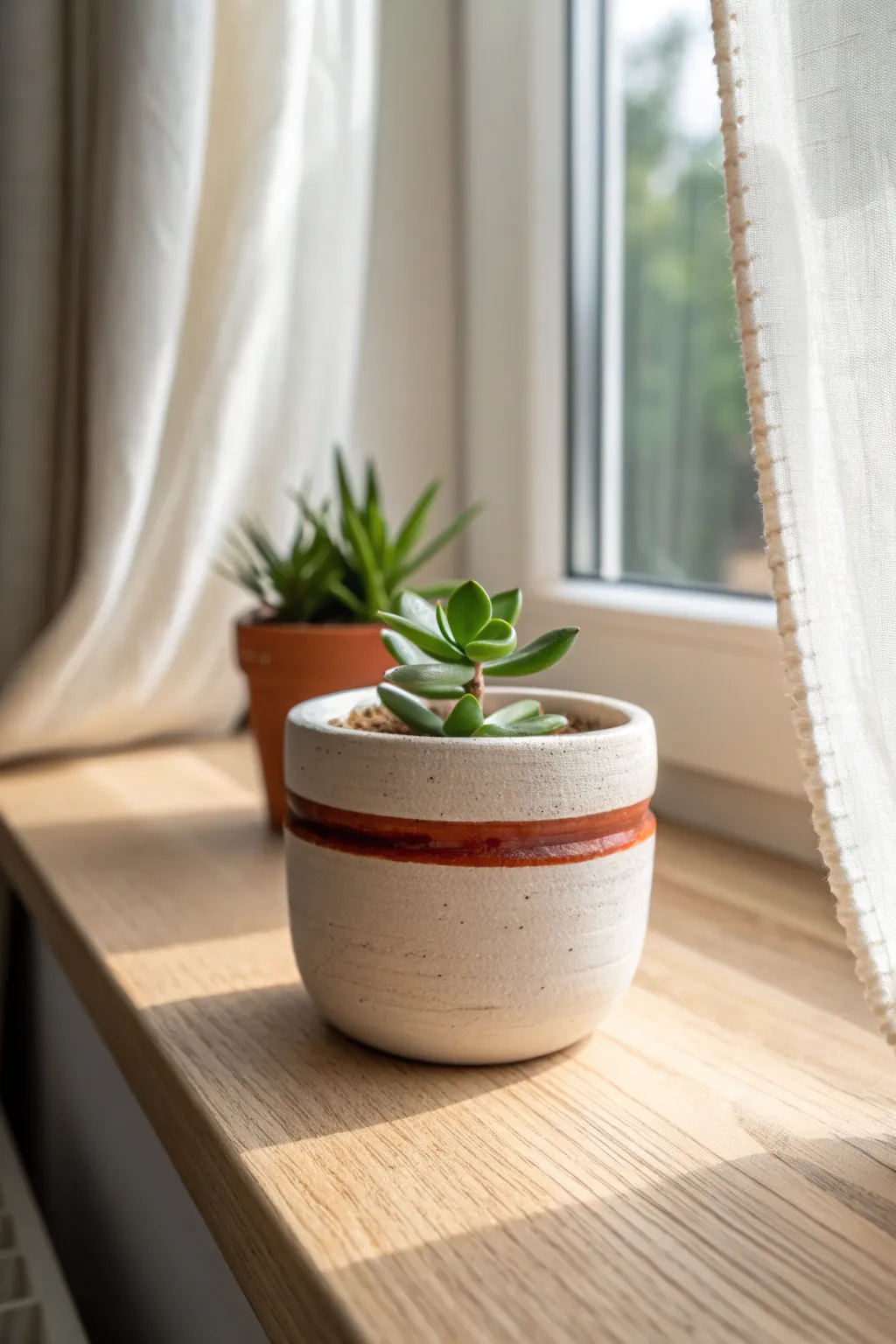 Mini pinch pot planter with a painted stripe, perfect for a tiny succulent on your sill.