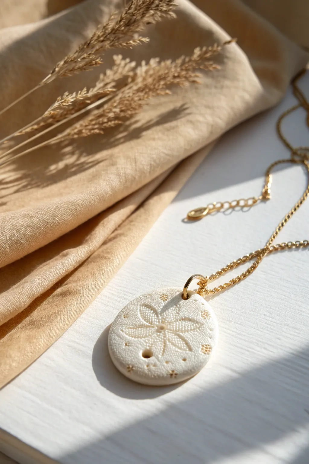 Textured clay pendant charms with delicate linen imprint, a simple DIY gift with boho warmth.