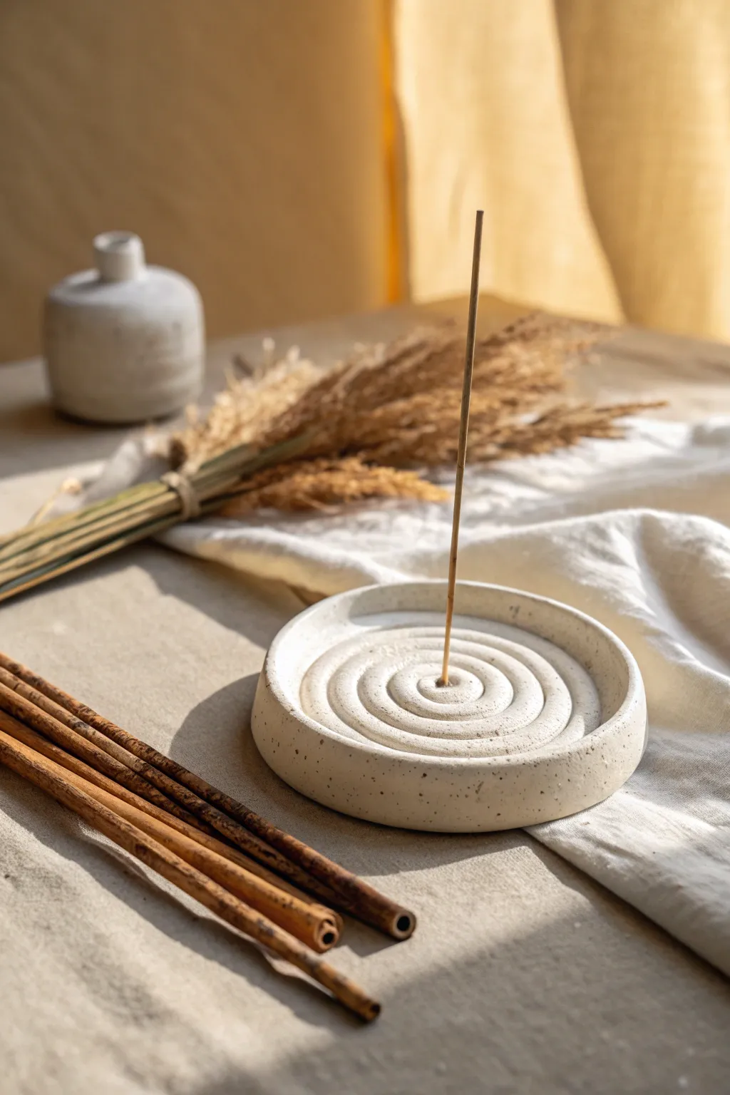 Make a simple curved clay incense holder with a glossy glazed look and calm linen styling