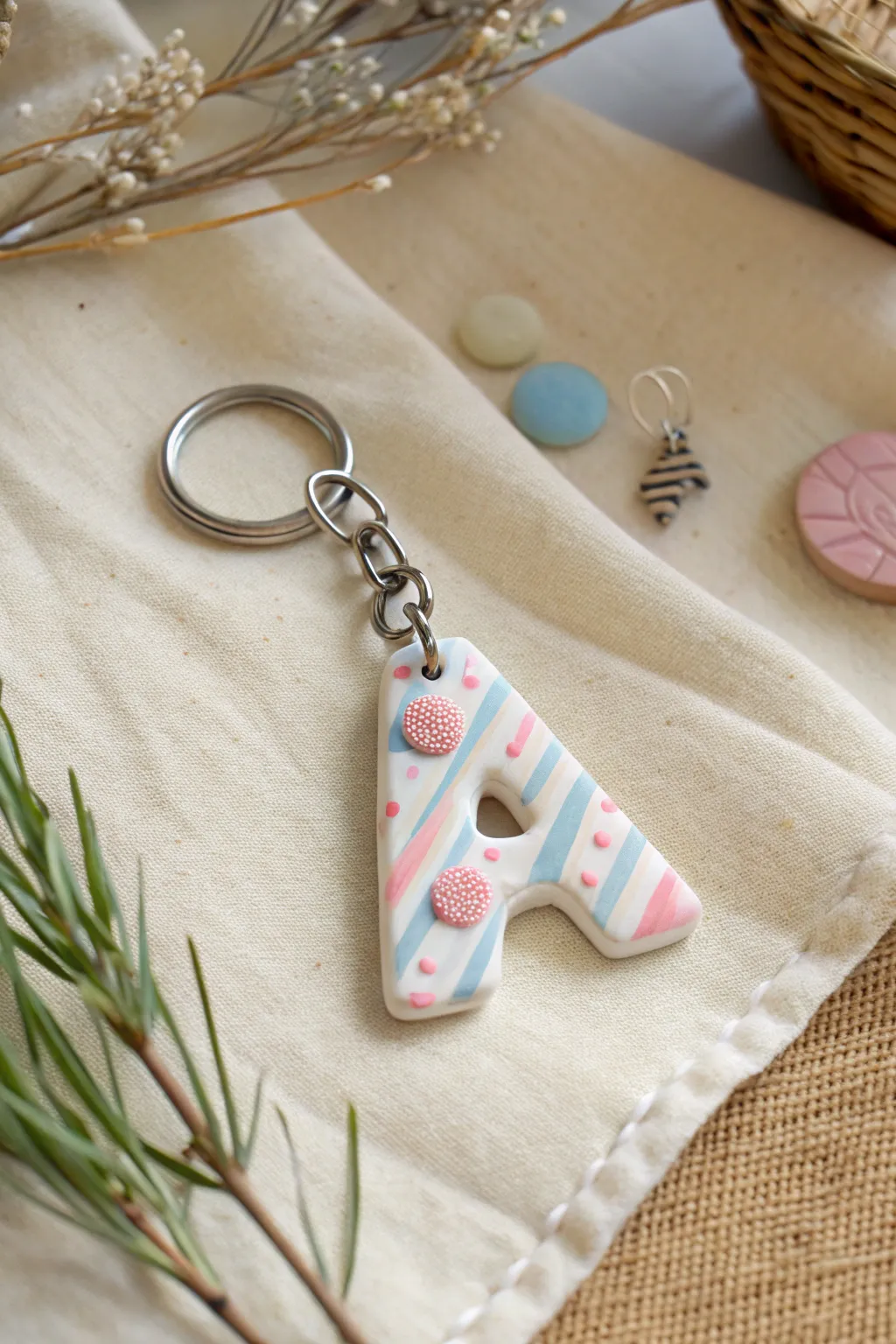 Colorful clay initial keychain for kids, easy patterns and a clean Scandinavian-boho look.