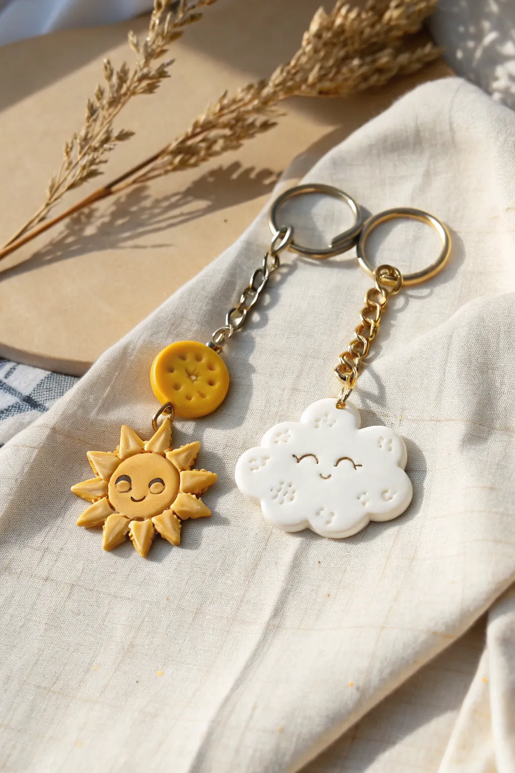 Sun and cloud clay keychain duo in warm yellow and creamy white, minimalist boho charm.