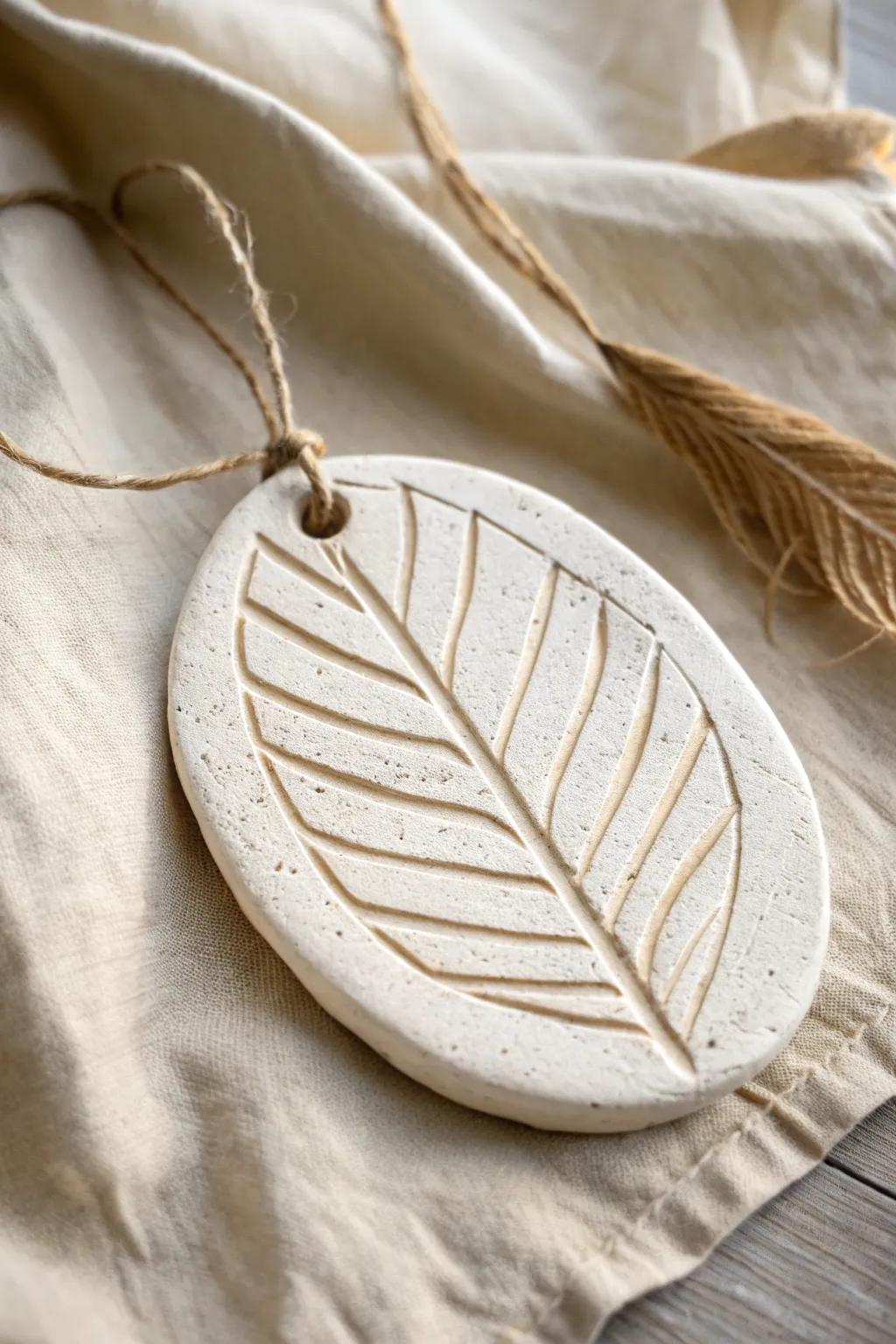 Minimal leaf-vein clay ornament on linen, soft wash highlighting texture in calm neutral tones