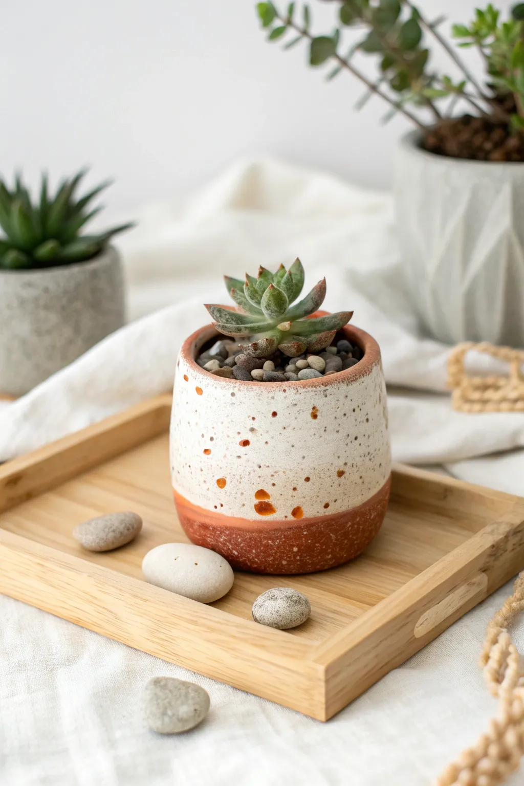 Faux-glazed speckled mini clay pot with an air plant, styled in calm Scandinavian boho decor.