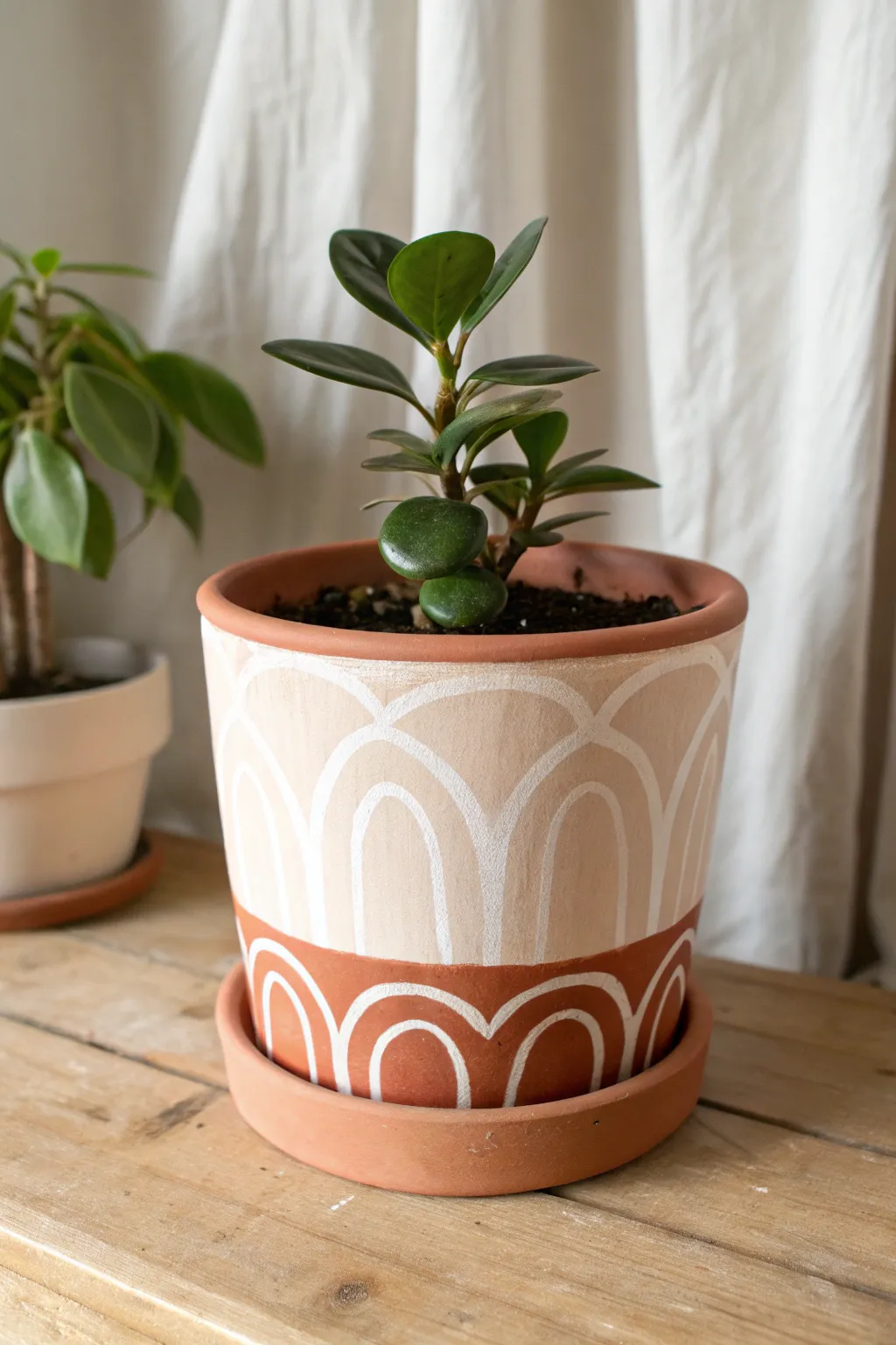 Negative space arches on raw terracotta for an easy, modern DIY pot painting look
