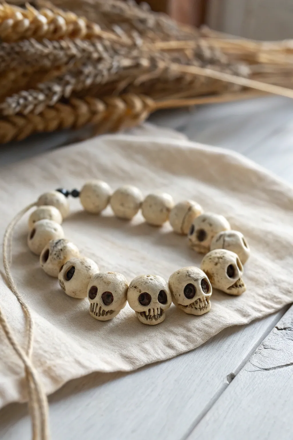 Chunky off white skull bead bracelet, minimalist spooky charm for easy DIY Halloween clay fun.