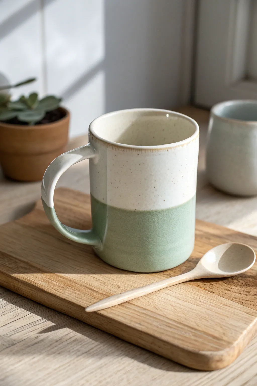 Two-tone dipped base mug in warm white and sage, a simple DIY look with handcrafted charm.