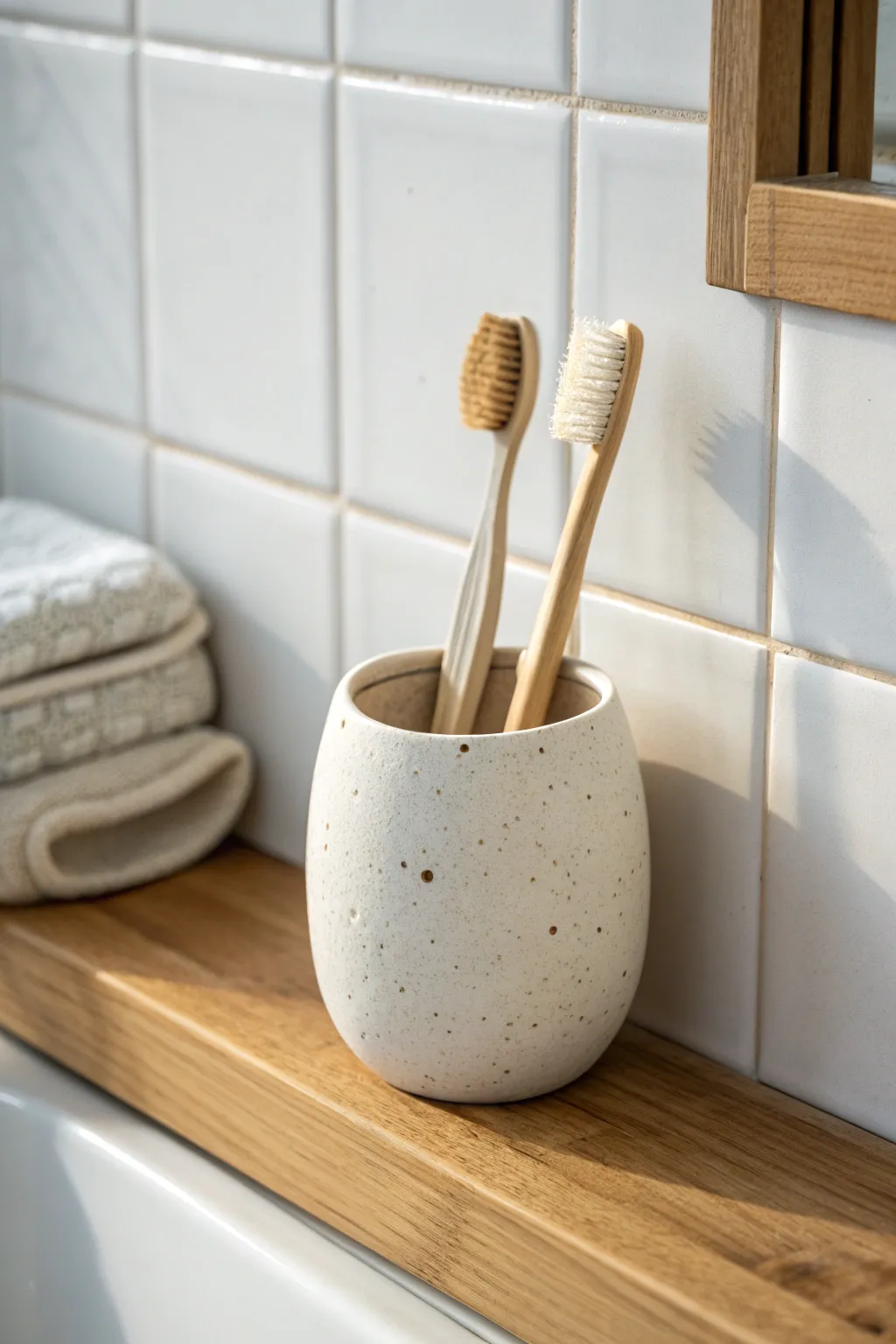 Minimal wall-mounted ceramic pocket holder keeping toothbrushes upright in calm, airy style