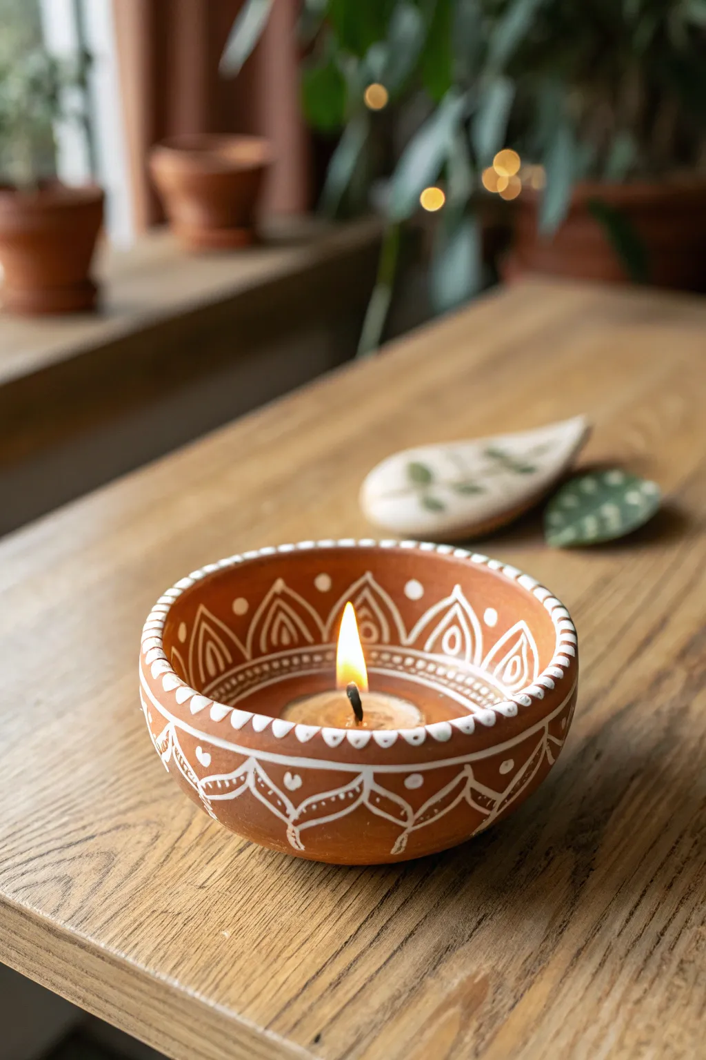 Minimal terracotta diya with white linework for a modern boho glow, simple and handmade.