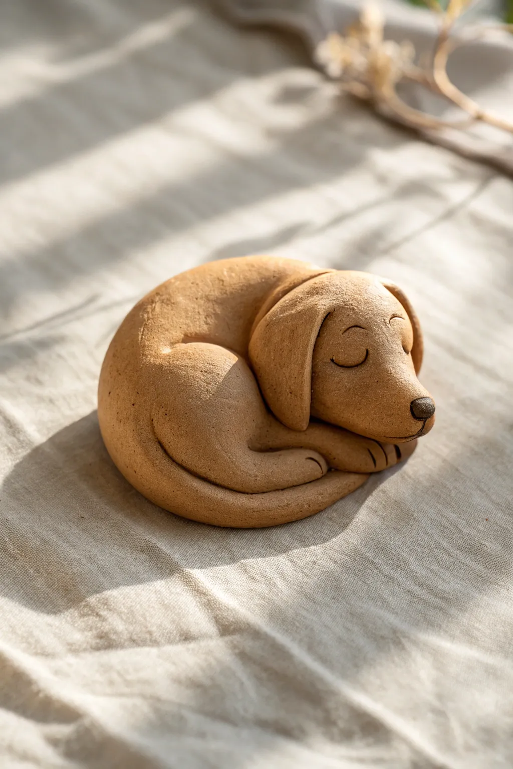 Cozy clay dog curled like a cinnamon roll, minimalist and calming with warm terracotta tones